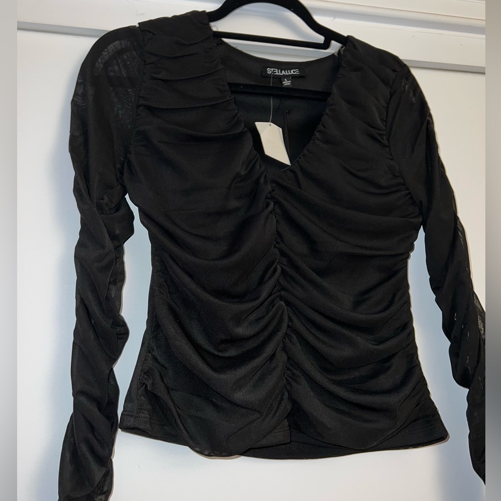 Black Mesh Ruffled Long Sleeve Top